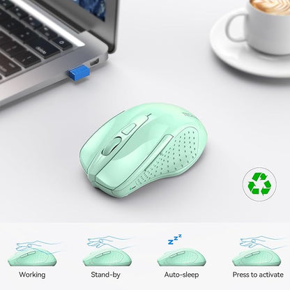 TECKNET Wireless Mouse (2.4G & BT5.0/3.0) Silent 4800 DPI Computer USB A & Bluetooth Mouse 6 Buttons, Wide Compatibility - Green