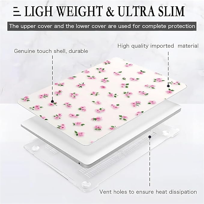 Compatible with MacBook Air 13.3 13.6 Inch Case 2022 2021 2020 2019 Plastic Hard Shell Case Cover,13.3 Air (A1932/A2179/A2337), Pink Rose