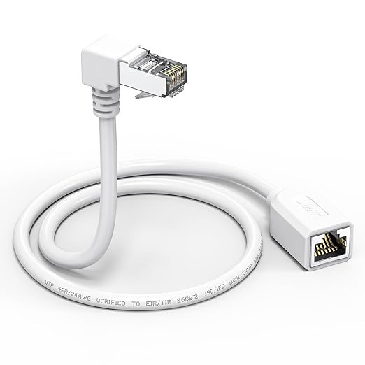 Right Angle Ethernet Extension Cable UPangle 1.5ft-White, 90 Degree CAT6 Ethernet Patch Cable RJ45 LAN Cable Extender Male to Female Connector for Router Modem Smart TV PC Computer Laptop