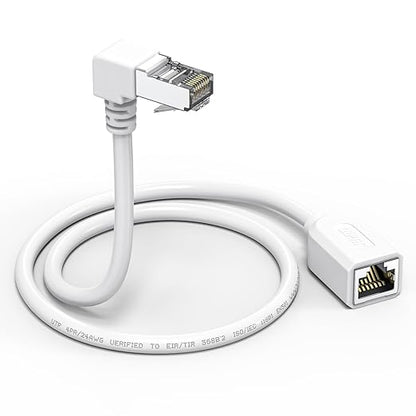 Right Angle Ethernet Extension Cable UPangle 1.5ft-White, 90 Degree CAT6 Ethernet Patch Cable RJ45 LAN Cable Extender Male to Female Connector for Router Modem Smart TV PC Computer Laptop
