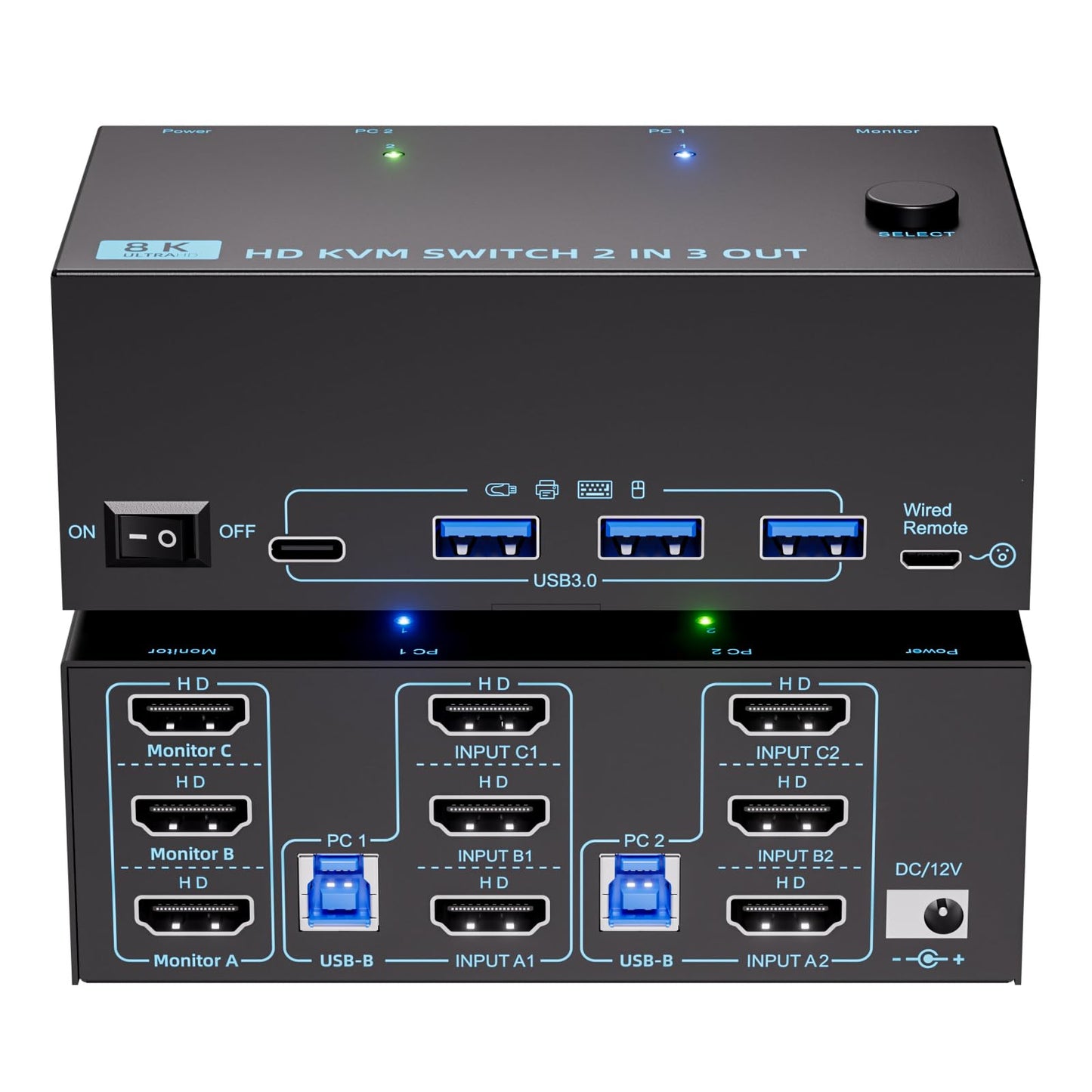 HDMI KVM Switch 3 Monitors 2 Computers 8K@60Hz/4K@120Hz, USB3.0 KVM Switches 2 Computers for 2 PC Sharing Triple Monitor and Keyboard Mouse, Wired Controller and USB Cables Including