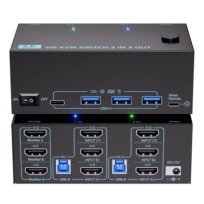 HDMI KVM Switch 3 Monitors 2 Computers 8K@60Hz/4K@120Hz, USB3.0 KVM Switches 2 Computers for 2 PC Sharing Triple Monitor and Keyboard Mouse, Wired Controller and USB Cables Including