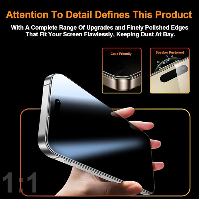 OneFish 2 Pack Privacy Screen Protector for iPhone 15Plus/16Plus - 4-Way 360° Anti-Spy Tempered Glass, 9H Hardness, 3D Curved Edges, Case-Friendly & Easy Installation