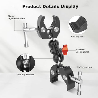 Double Super Clamp Camera Mount with Magic Arm, Aluminum Double Clamp Mount Umbrella Holder for Desk, Studio Light/Boom Stand, Photography Reflector, Cross Bars, Bike/Motor Handlebars (SY004)
