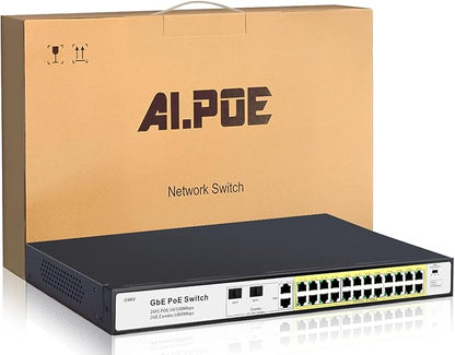 STEAMEMO 28 Port PoE Switch, 24 PoE+ Port@ 360W, 2 Gigabit Uplink, 2*1G SFP, 802.3af/at, Metal Casing 19-inch Rackmount, Overload Protection w/ Port, Unmanaged Plug and Play