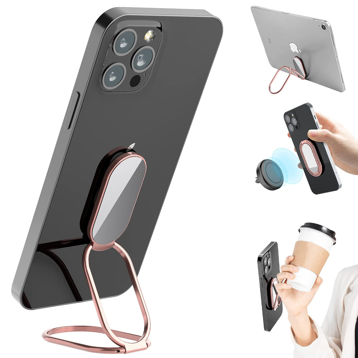Phone Holder Foldable Phone Stand Phone Ring Holder Finger Kickstand 360° Rotation Cell Phone Stand Metal Phone Grip for Magnetic Car Mount Sticky Phone Grip Compatible with Most Smartphones