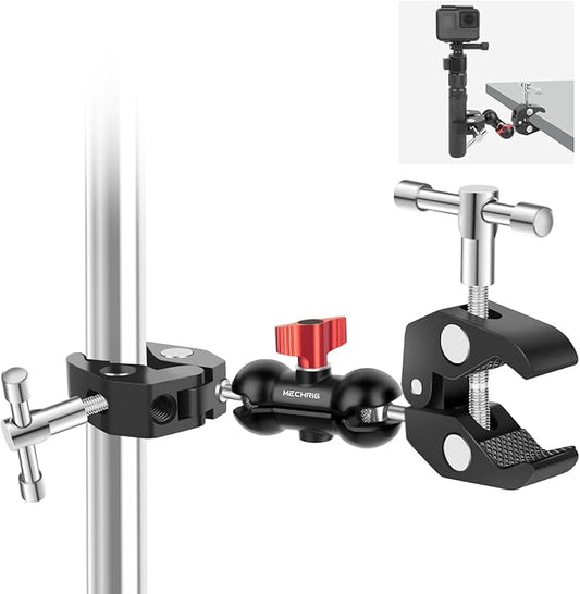 Mechrig Double Super Clamp Camera Mount with Magic Arm, Aluminum Double Clamp Mount Umbrella Holder for Desk, Studio Light/Boom Stand, Photography Reflector, Cross Bars, Bike/Motor Handlebars (SY004)