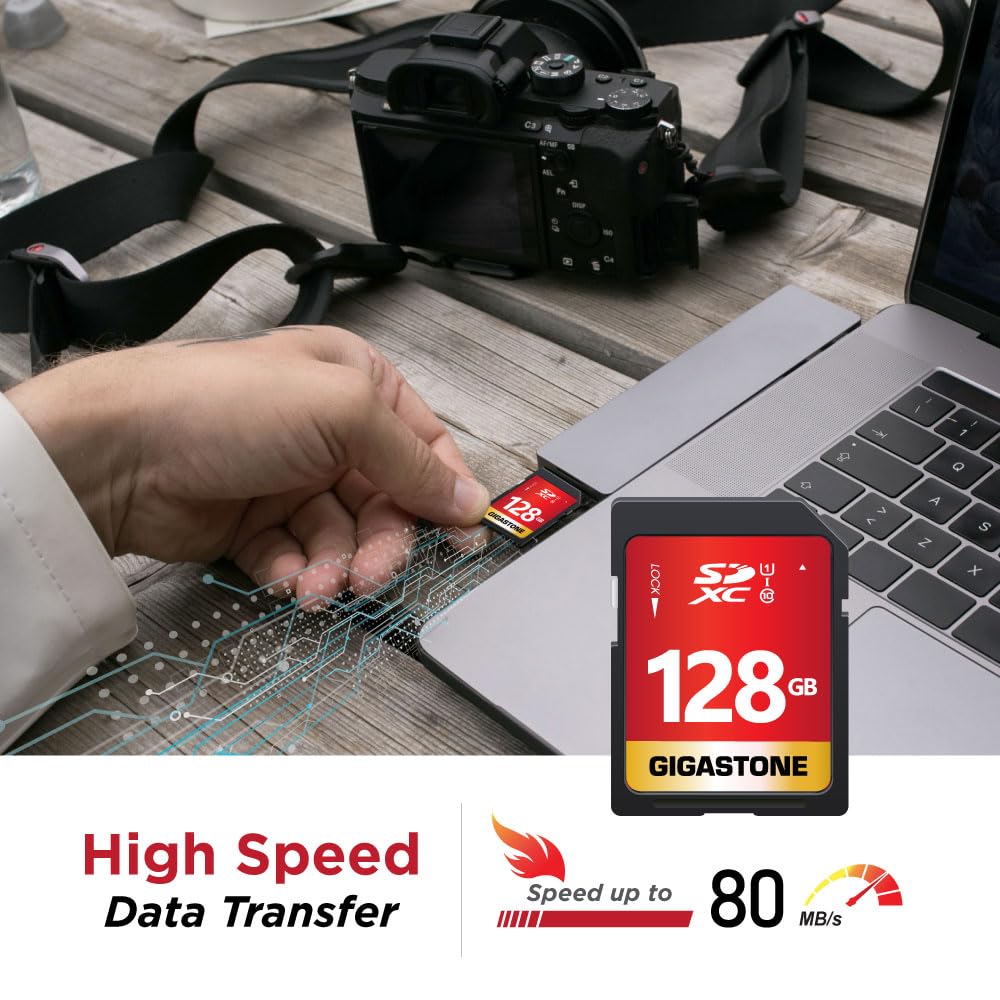 GIGASTONE 128GB SD Card 5-Pack UHS-I U1 Class 10 SDXC Memory Card Full HD Video for Digital Camera Speed up to 80MB/s, Full-Sized SD Card, with 5 mini case