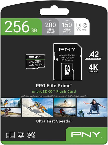 PNY 256GB PRO Elite Prime™ C10 U3 V30 A2 microSDXC Flash Memory Card – Ultra-Fast Speeds, Read 200MB/s, Write 150MB/s, 4K UHD, Full HD, UHS-I, for Smartphones, Drones, Action Cameras