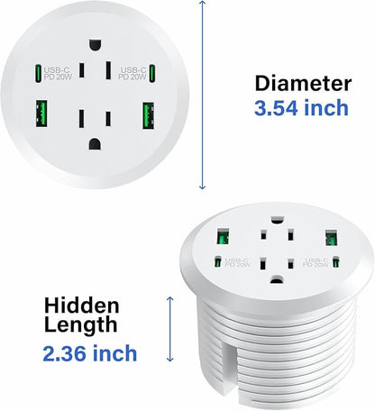 Desktop Power Grommet,40W Fast Charging Station,2 AC Outlets,4 USB Ports,Flush Mount Power Grommet 3-inch Hole,2 PD 20W USB C Ports