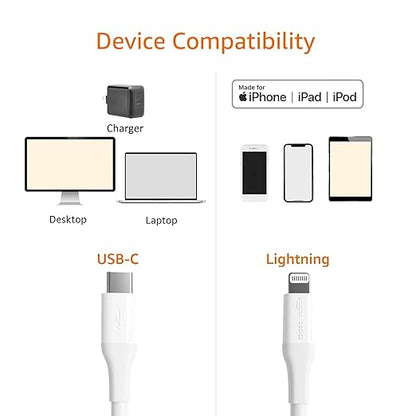 Amazon Basics MFi Certified USB-C to Lightning Fast Charging Cable for Apple iPhone, Nylon Braided, 10 ft, White