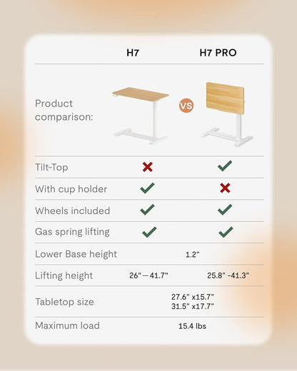 FLEXISPOT H7 PRO Mobile Standing Desk Adjustable Overbed Table Pneumatic with Wheels 90°Tiltable Portable Laptop Desk Rolling Computer Cart Foldable Bedside Table(31.5" W x 17.7" D D, Maple)
