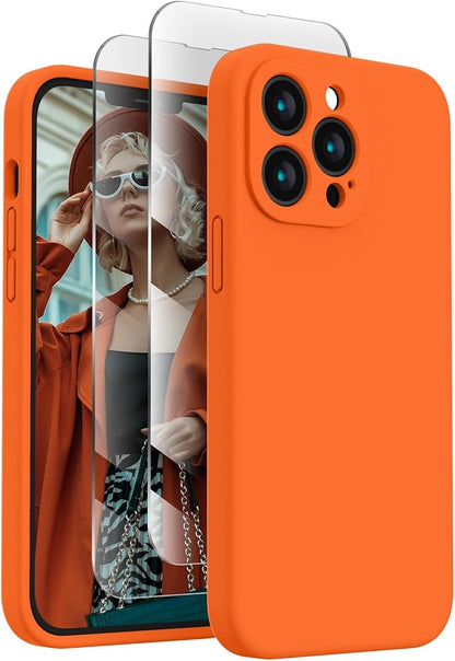 FireNova Designed for iPhone 13 Pro Max Case, Silicone [Camera Protection] Phone Case with [2 Screen Protectors], Soft Anti-Scratch Microfiber Lining Inside, 6.7 inch, Neon Orange New