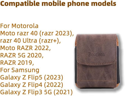 Universal Phone Holster Phone Pouch Case Belt Clip Belt Loops Card Slot Faux Leather for Man for Samsung Galaxy Z Flip 5/4/3 Motorola Razr Plus Razr+ 2023 (Brown&Yellow, XS(3.7"x3.1"x1.1"))