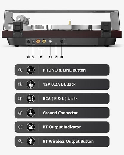 Turntable Record Player Wireless Output Carbon Fiber Tonearm Vinyl Player Aluminium Platter Belt-Drive LP Turn Tables 33 1/3&45 RPM Audio Phono RCA Line Out AT-3600L MM Cartridge Pale Walnut Red