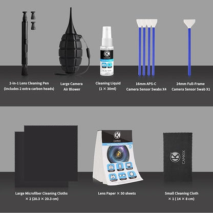 Camkix 14-in-1 Camera Lens Cleaning Kit - Includes Advanced Large Silicone Air Blower, 2in1 Lens Cleaning Pen, Dry Swabs, Cleaning Paper, 30 ML Optical Lens Spray for Mirrorless Cameras, APS-C, DSLR