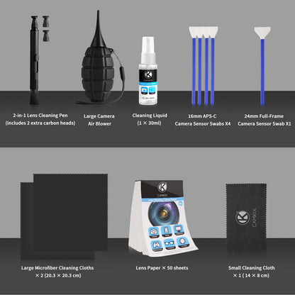 Camkix 14-in-1 Camera Lens Cleaning Kit - Includes Advanced Large Silicone Air Blower, 2in1 Lens Cleaning Pen, Dry Swabs, Cleaning Paper, 30 ML Optical Lens Spray for Mirrorless Cameras, APS-C, DSLR