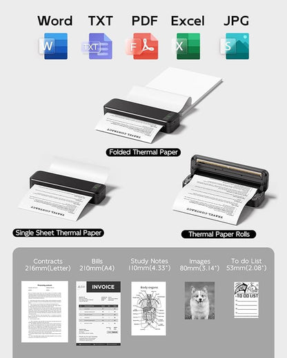 Portable Printers Wireless for Travel, Bluetooth Inkless Thermal Printer Support 8.5" X 11" US Letter, Mobile Printer for Phone Laptop, with Case and 4 Rolls Thermal Paper Kit, for Home Office Receipt