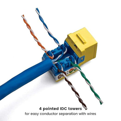 trueCABLE Cat6 Keystone Jack, Unshielded (UTP), 90 Degree Punch-Down, PoE++ (4PPoE) 100W, UL Listed, ETL Verified, ANSI/TIA Certified, Modular RJ45 Female, Yellow, 12 Pack