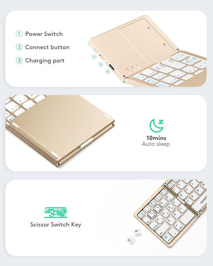 Samsers Multi-Device Foldable Bluetooth Keyboard with Touchpad, Rechargeable Dual-Mode(2.4G+BTx2) Wireless Keyboard with Holder, Portable Folding Keyboards for Android Windows iOS Mac OS - Gold