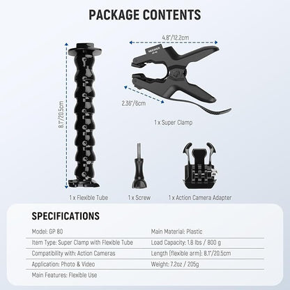 NEEWER Flexible Clamp Mount Compatible with GoPro DJI Action Cameras, Jaw Flex Super Clamp Holder, Desk Pole Clip Mount with Tube & Adapter Accessories for Photography & Video Recording, GP-80