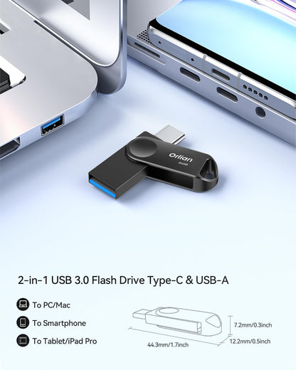 Orlian 64GB USB C Flash Drive Dual USB 3.0 Thumb Drive Type-C & USB-A up to 110MB/S Metal UDP Waterproof Swivel Design Memory Stick for Phone Android Tablet iPhone 15/16/17 Computer PC and More Black