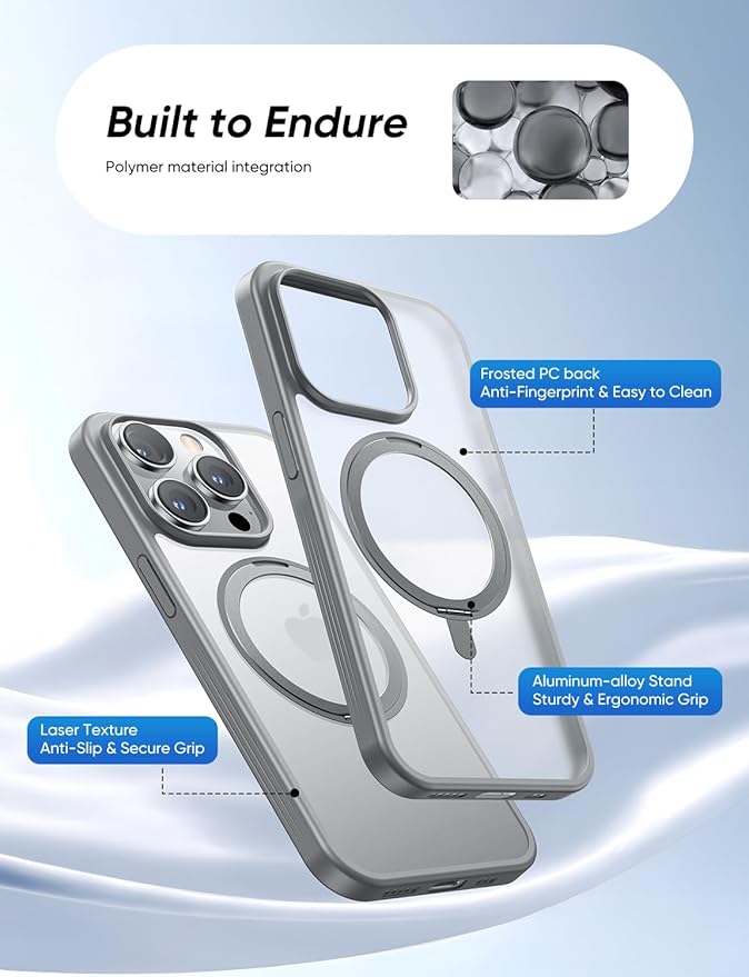 MAGIC JOHN 360° Rotatable Magnetic Invisible Stand for iPhone 14 Pro Max Case [Anti-Slip Grip] [Compatible with MagSafe] 16FT Shockproof for iPhone 14 Pro Max Case with Kickstand, Gray