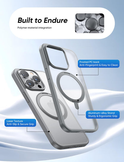 MAGIC JOHN 360° Rotatable Magnetic Invisible Stand for iPhone 14 Pro Max Case [Anti-Slip Grip] [Compatible with MagSafe] 16FT Shockproof for iPhone 14 Pro Max Case with Kickstand, Gray