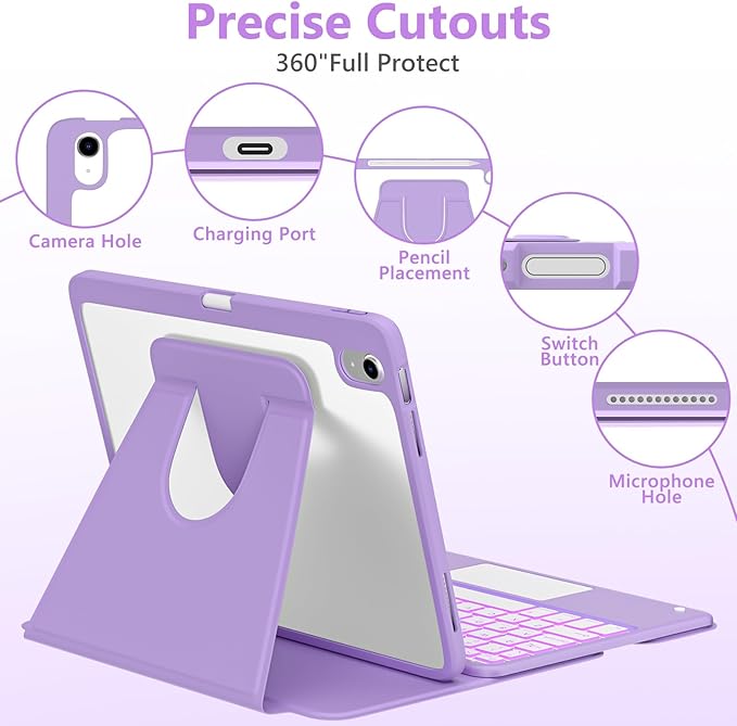 TaIYanG Touchpad for iPad A16 11th/10th Generation Case with Keyboard, 7 Color Backlit 360 Rotation Cover with Pencil Holder,Detachable Keyboard for iPad 11 inch 2025/10th Gen 10.9'' 2022 (Purple)