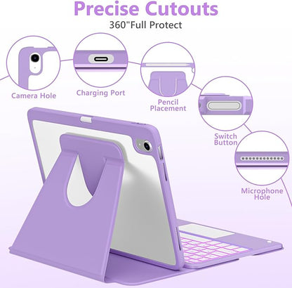 TaIYanG Touchpad for iPad A16 11th/10th Generation Case with Keyboard, 7 Color Backlit 360 Rotation Cover with Pencil Holder,Detachable Keyboard for iPad 11 inch 2025/10th Gen 10.9'' 2022 (Purple)