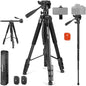 NEEWER Basic 74" Video Tripod Monopod, 3 Way Pan Tilt Head, Remote, Overhead Camera Mount, Horizontal Central Axis, Phone Holder Compatible with iPhone DSLR Telescope Projector, Max Load 17.6lb, TP05
