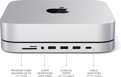 Satechi USB C Hub, Type-C Aluminum Stand & Hub, USB-C Data Port, Micro/SD Card Readers, USB 3.0 & Headphone Jack Port, for Mac mini M2/M1 (Not Compatible with M4) - Silver