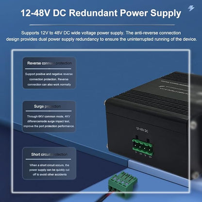 Mini Industrial Switch 10 Ports Gigabit Switch Hardened 10 Port RJ45 10/100/1000Mbps Ethernet Switch Din Rail Mount Outdoor Ethernet Switch, Unmanaged Network Switch (-40 to 176°F) with 12-48V DC