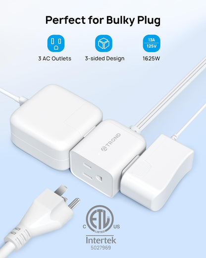 TROND Rotating Flat Plug Short Extension Cord 3ft, 3 AC, ETL Listed, White