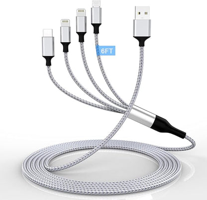 iPhone Charging Cable 1.8M/6Ft Multi 4 in 1 USB Universal Fast Charging Cord Multi Charging Cable Lightningx2+Type C+Micro USB Port Connectors Adapter for Android/Apple/iOS/Samsung/LG/Huawei/XiaoMi