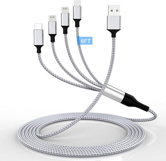 iPhone Charging Cable 1.8M/6Ft Multi 4 in 1 USB Universal Fast Charging Cord Multi Charging Cable Lightningx2+Type C+Micro USB Port Connectors Adapter for Android/Apple/iOS/Samsung/LG/Huawei/XiaoMi