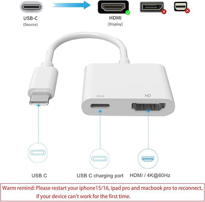 AIRSKY USB C to HDMI Adapter for iPhone 15/16, USBC to HDMI Adapter for iPhone to tv, 100W Fast Charging & 4K@60Hz, Compatible with iPhone 15, iPhone 16, MacBook Pro, iPad Pro