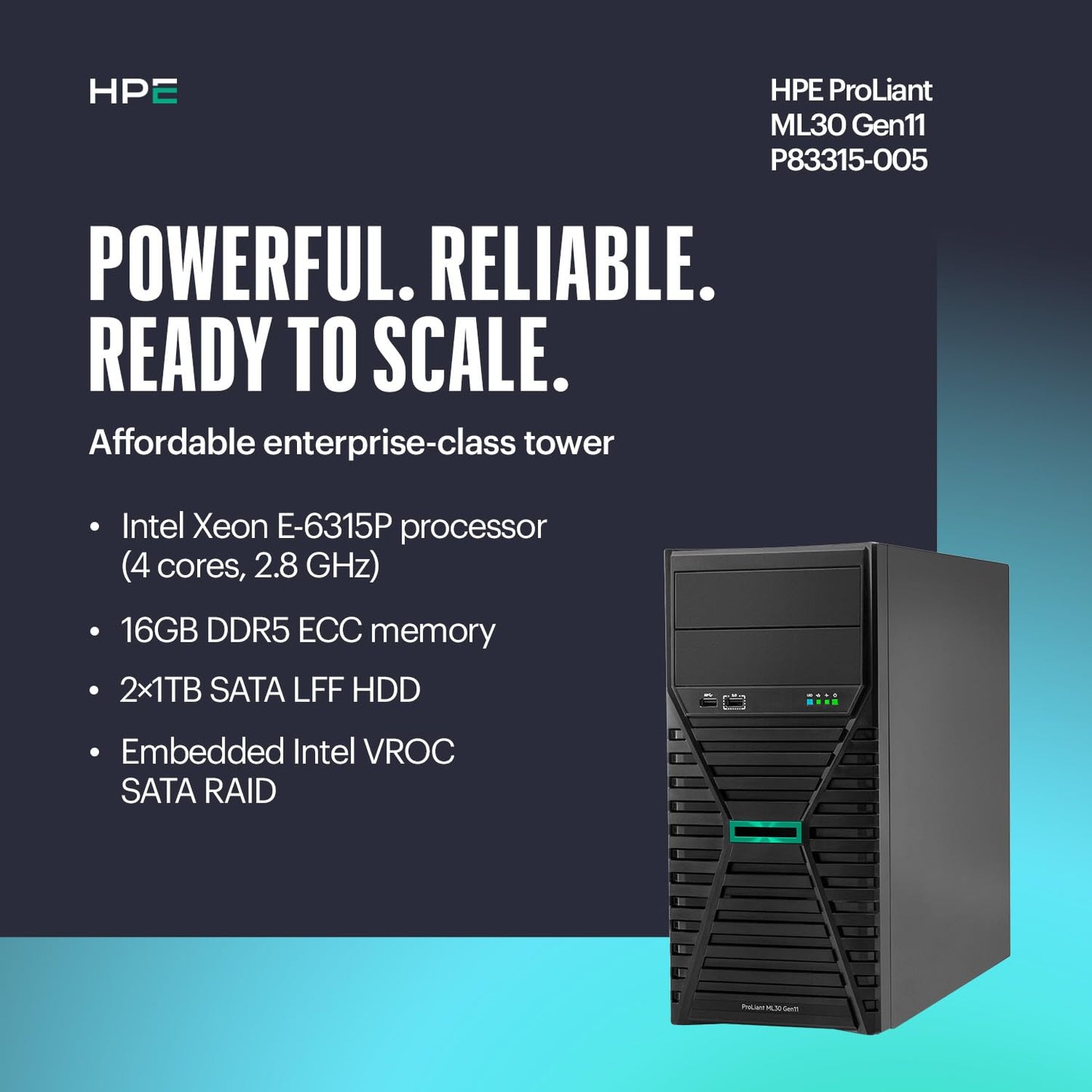 Hewlett Packard Enterprise ProLiant ML30 Gen11 Tower Server w/one Inte Xeon 6315P Processor, 2.8GHz, 4c 1P 1x16GB-U 4LFF-NHP 2x1TB HDD 1x350W PS (HPE Smart Choice P83315-005)