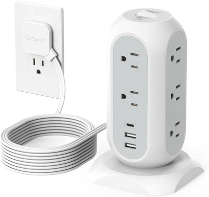 Surge Protector Power Strip Tower 10 Ft, TESSAN Flat Plug Extension Cord with 11 AC Multiple Outlets 3 USB Ports (1 USB C), 1050J Desk Charging Station for Home, Office Supplies, Dorm Room Essentials