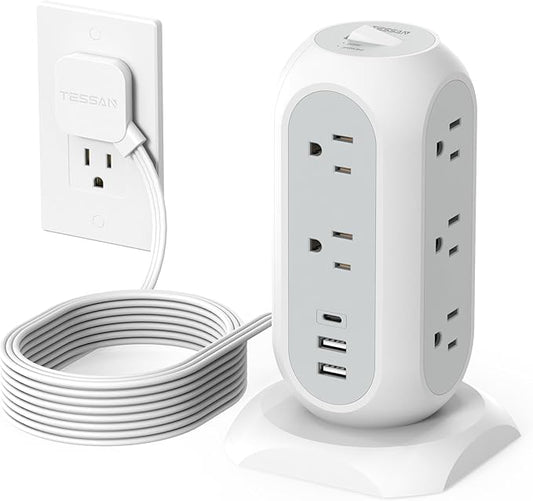 TESSAN Tower Power Strip Flat Plug with 1050J Surge Protection, 10 Ft, Grey