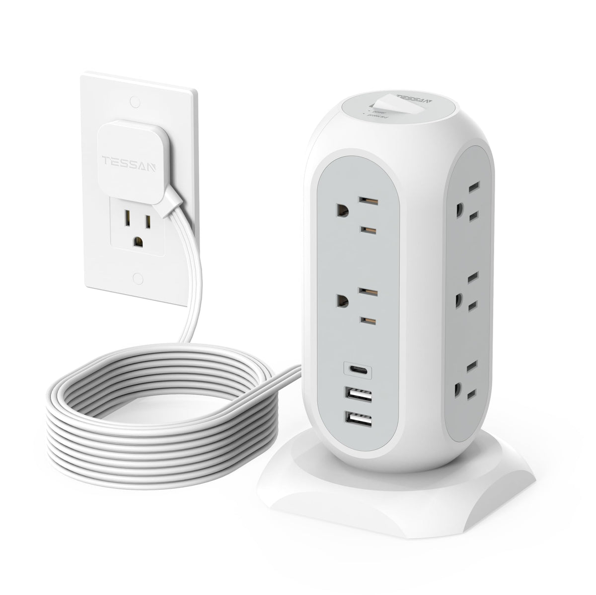 TESSAN Tower Power Strip Flat Plug with 1050J Surge Protection, 6 Ft, Grey