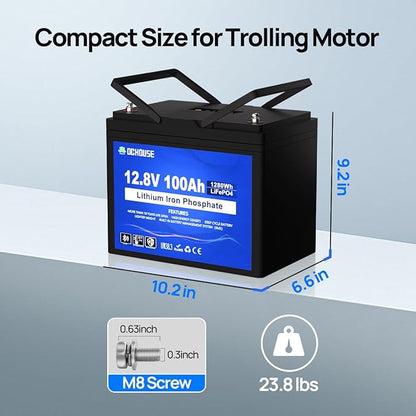 DC HOUSE 12V 100Ah LiFePO4 Trolling Motors Battery with SOC Status Indicators, Bluetooth & Low Temp Cut-Off, 100A Smart BMS, Up to 15000 Cycles for RV, Marine, Boat, Solar Off-Grid