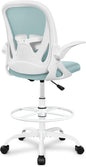 Primy Drafting Chair Tall Office Chair with Flip-up Armrests Executive Ergonomic Computer Standing Desk Chair with Lumbar Support and Adjustable Footrest Ring（Light Blue）