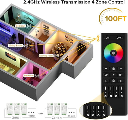 BTF-LIGHTING 5050SMD FCOB COB RGBW RF Remote RC03RFB & C04RF Tuya Controller Kit 4 Zones RF 2.4GHz Wireless Remote Group Control PWM(+ R G B W) 5pin LED Strip DC5V DC12V DC24V