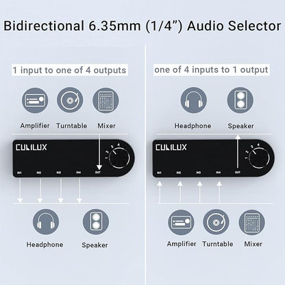 Cubilux Bidirectional 4-Channel 6.35mm Audio Selector, 1x TRS to 4X TRS Stereo 4-Port 1/4” Quarter Inch AUX Switch Box for Speaker, Headphones, Subwoofer, Home Audio System, Mixer, Amplifier