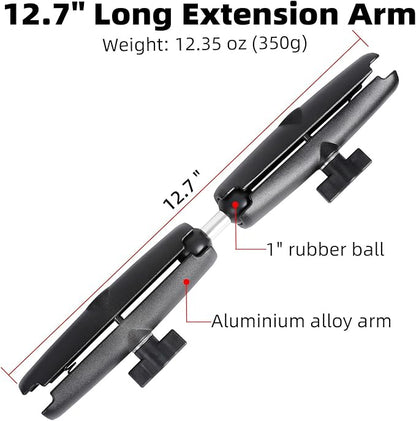 Dual Extension Double Socket Arm with 1" Double Ball Adapter Compatible with RAM B Size Mount and Other 1 inch Industry Standard Device, 360° Rotation Rod for Bike, Truck, Car (12.7" Length)