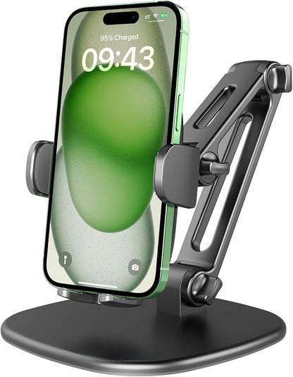 APPS2Car Phone Stand for Desk [No Dropping Stable Triple-Clamp Holder] Adjustable Height 360 Degree Rotation Heavy Base Thick Case Friendly, Multifunctional Cell Phones Stand for iPhone Android Phones
