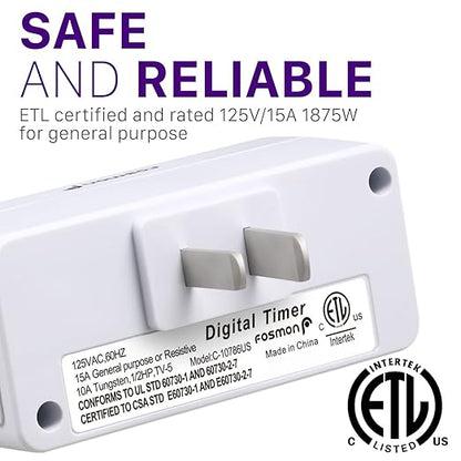 Fosmon 7 Day Digital Timers for Electrical Outlets, Indoor Plug-in Light Timers Switch Programmable, Electric Wall Plug for Grow / Reptile Light, Lamp, Appliance, Aquarium, Fish Tank - 2 Pack