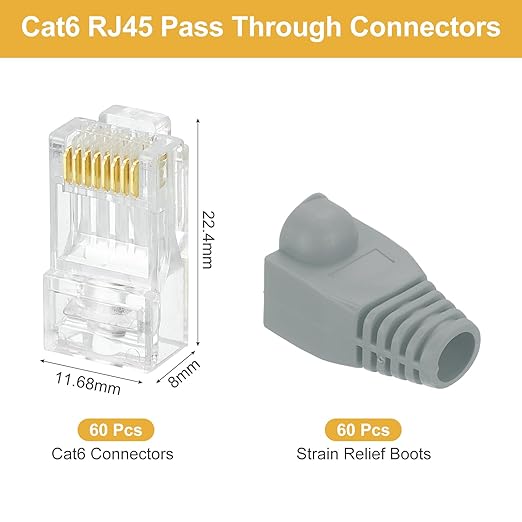 MECCANIXITY 60pcs Cat6 RJ45 Pass Through Connectors, RJ45 Connector 8P8C Gold Plated Plugs with 60pcs Dark Grey Strain Relief Boots for Solid or Stranded UTP Ethernet Cable, 1.1mm