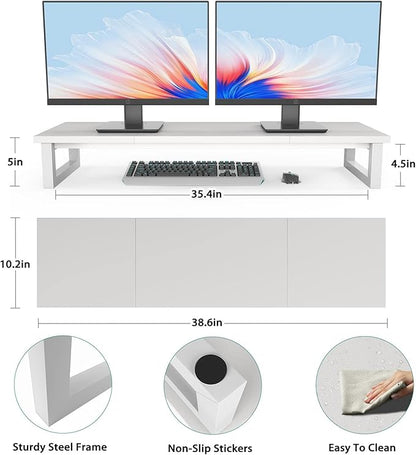 Dual Monitor Stand Riser, 39Inch Large Monitor Stands for 2 Monitors, Computer Monitor Stand, Wooden Desktop Oraganizer Shelf for Office Desk Computer,Laptop,TV